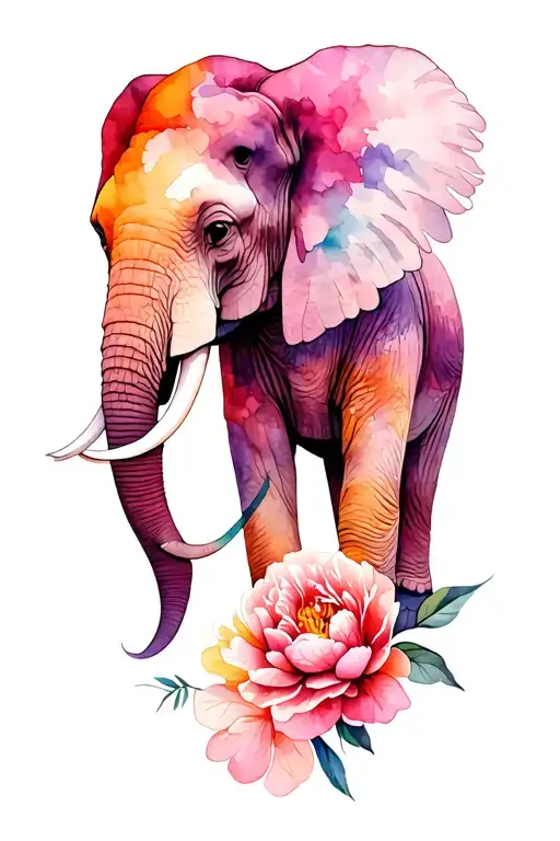 African Elephant With Peony And Leaves
