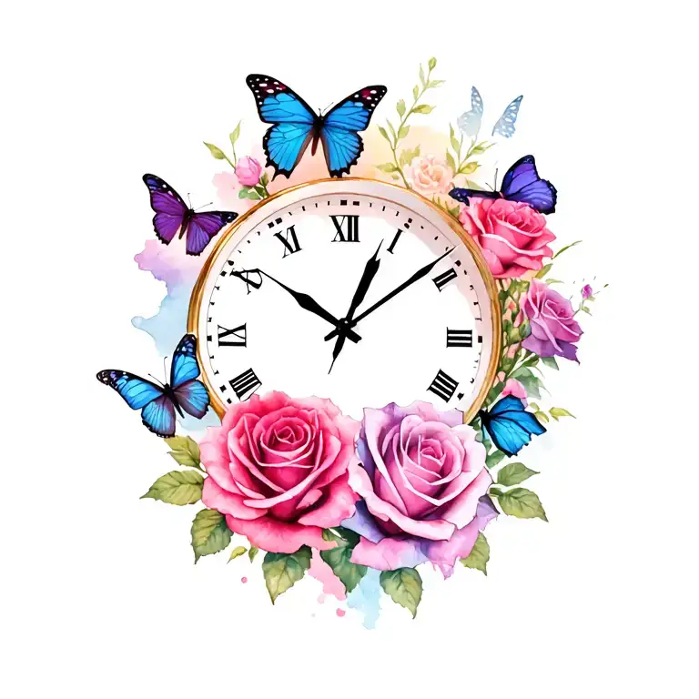 Roses Butterflies Clock Surrounded