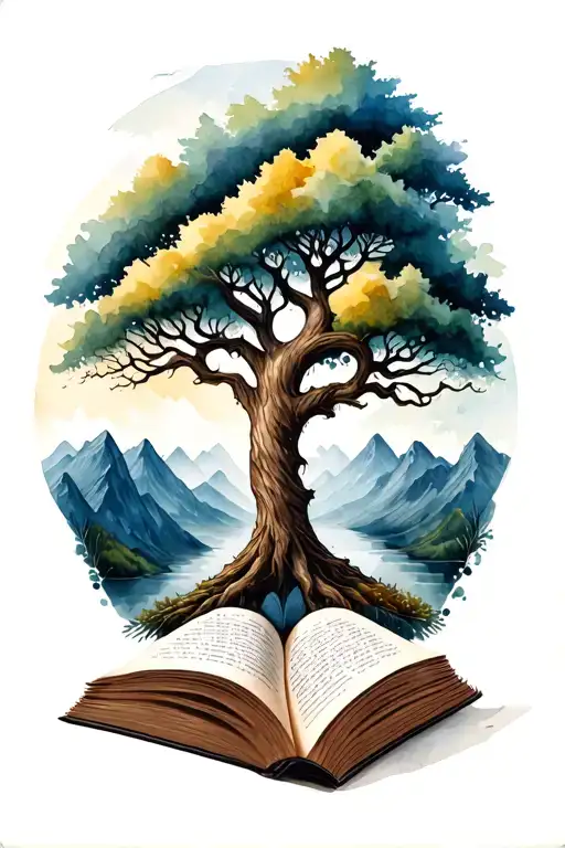 Tree Of Life Growing Out Of A Book With Mountains Panorama
