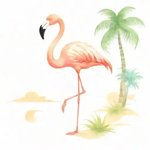 Flamingo With Beach Scene With Palm Trees