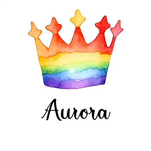 The Word Aurora Next To A Rainbow Crown