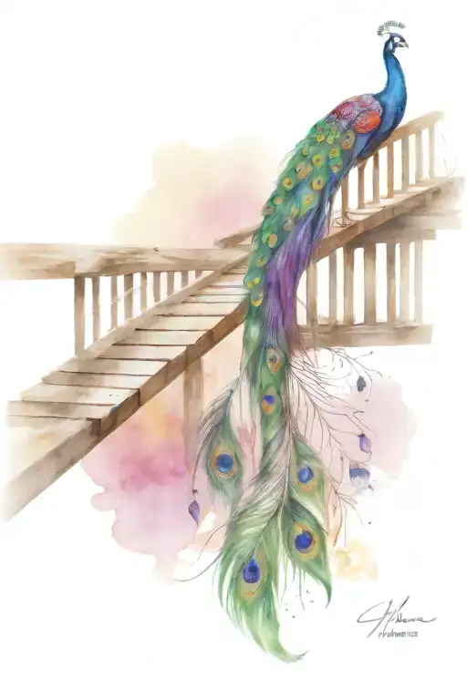 Wooden Bridge With Peacock Feather Intertwined