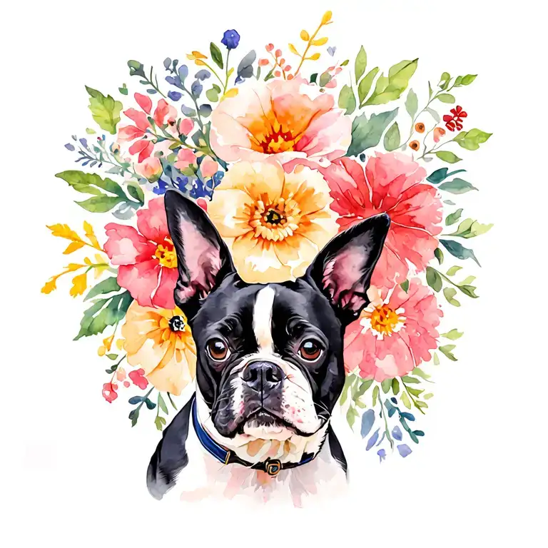 Boston Terrier With Flowers
