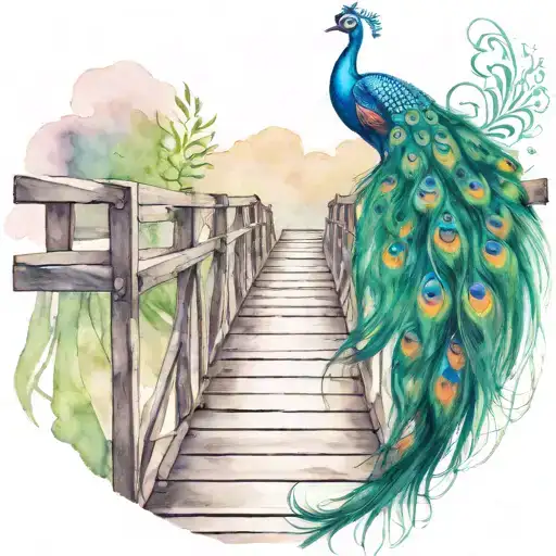 Wooden Bridge With Peacock Feather Intertwined