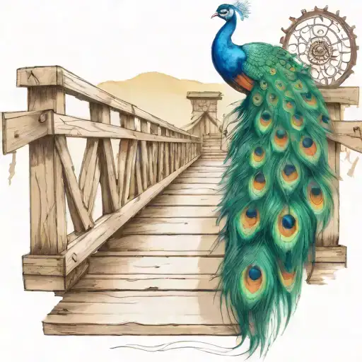 Wooden Bridge With Peacock Feather Intertwined