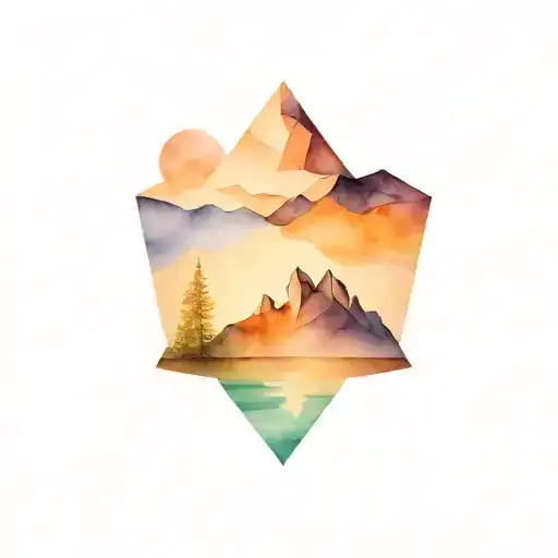 Mountains And Lake Inside A Triagle Geometric Backgound
