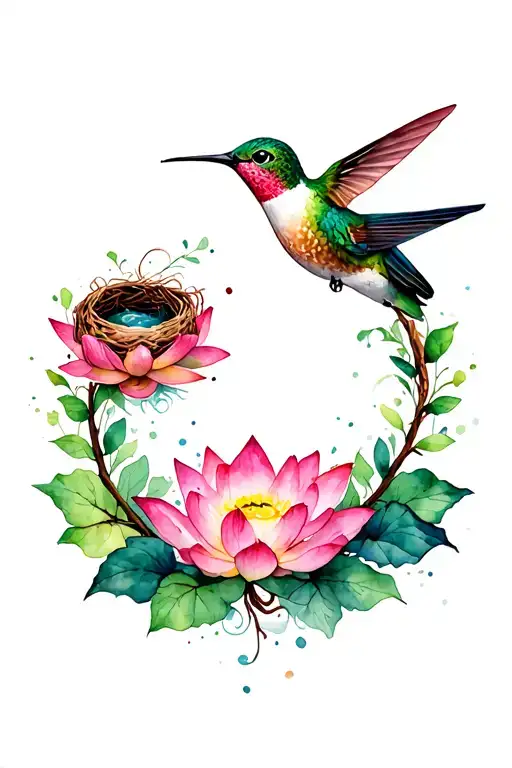 Lotus Wreath With Hummingbird Nest In The Middle