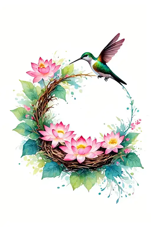 Lotus Wreath With Hummingbird And Nest With Delicate In The Middle Of The Wreath