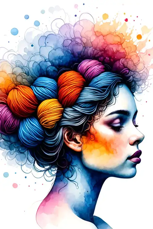 Side Profile Female Face With Yarn Exploding From Top It