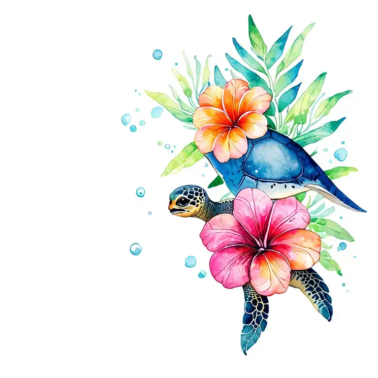 Hawaiian Flowers With Sea Turtle And Stingray Gracefully Swimming