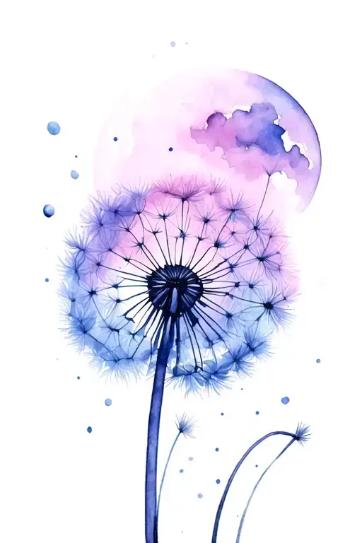 Dandelion Flower Transforming Thru Life Cycle In Cresent Moon Orientation Watercolor