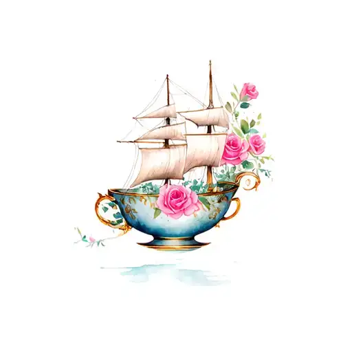 Ship Inside Teacup With Pink Roses Intertwined