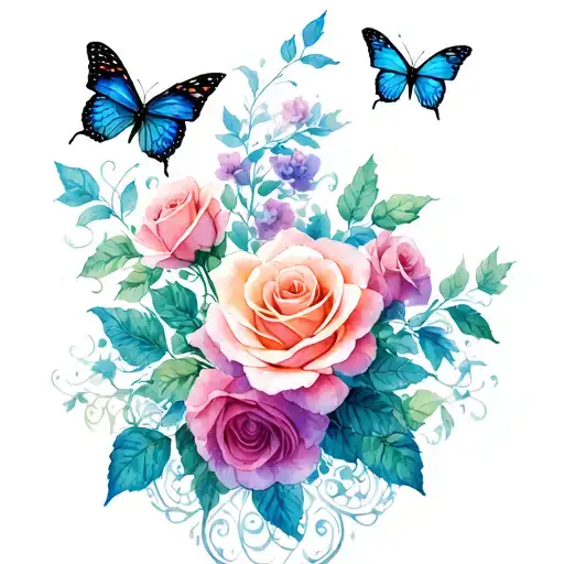 Filigree With Roses Leaves Butterflies Tattoo Featuring