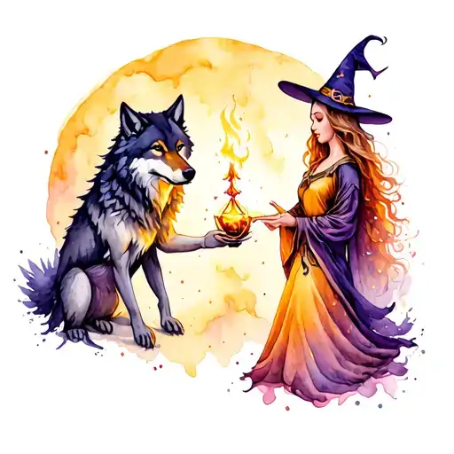 Wolf Protecting A Witch Casting A Spell