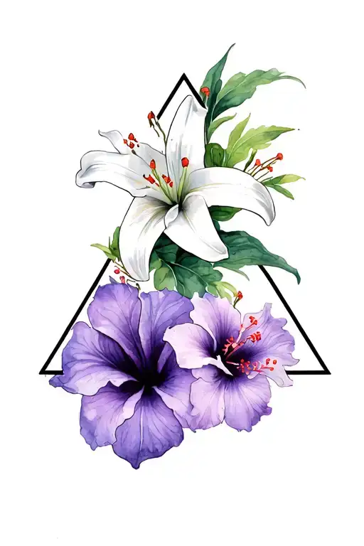 Black Triangle With White Lily And Purple Hibiscus