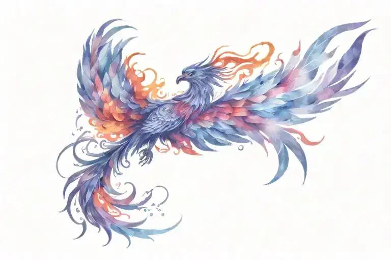 Purple Red And Blue Long Tail Feathered Phoenix Rising Up From The Fire