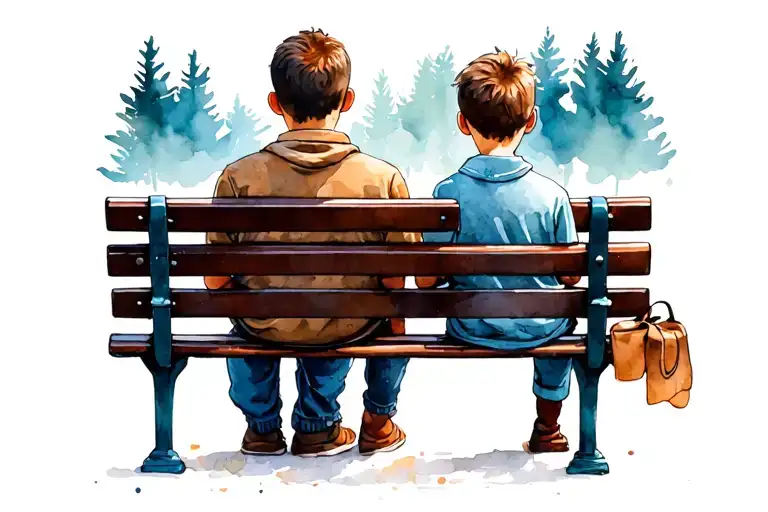 Dad And Son Sittin On A Bench Shown From Behind