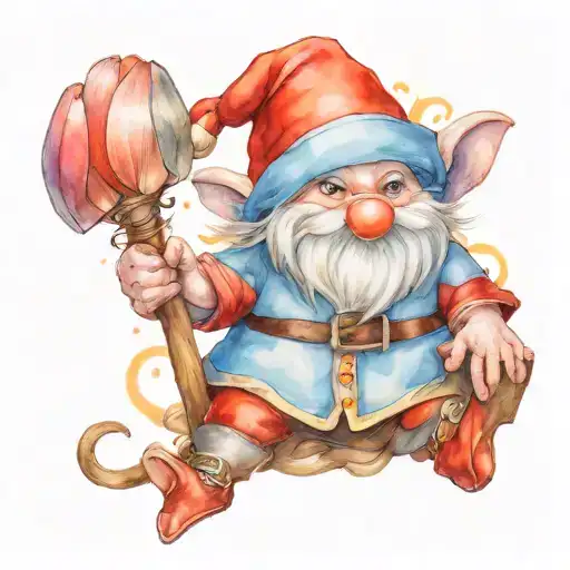 Garden Gnome With Red Rat And Blue Shirt