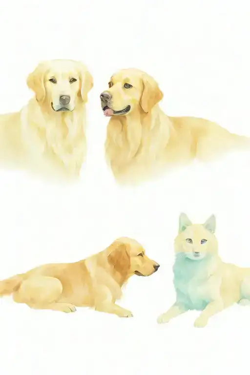 A Portrait Of Two Golden Retrievers And One Cat