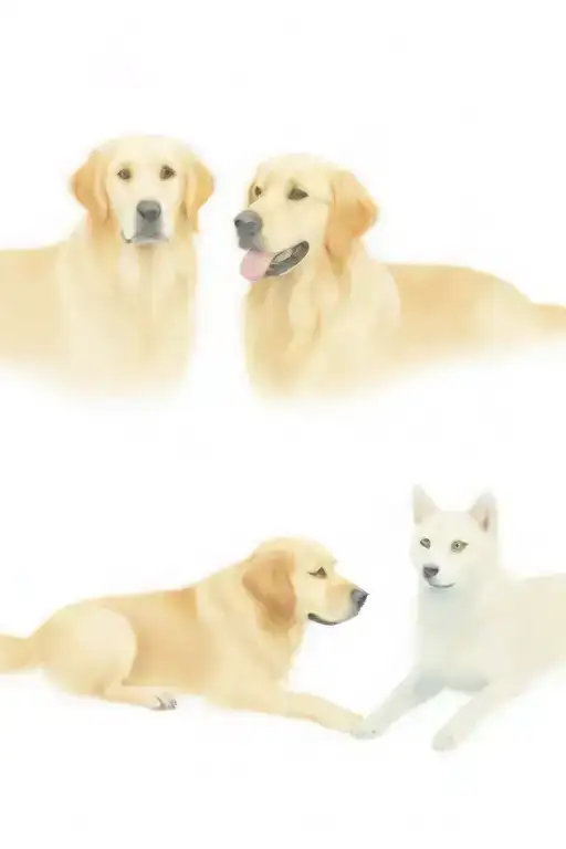 A Portrait Of Two Golden Retrievers And One Cat