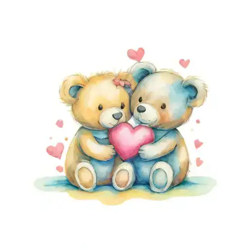 Teddy Bear Couple Holding Hearts One Heart