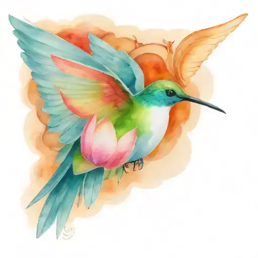 One Protective Hummingbird Above A Lotus Flower With Nest Inside