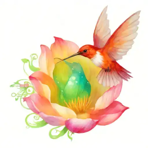One Protective Hummingbird Above A Lotus Flower With Nest Inside