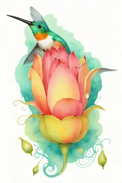 One Protective Hummingbird Above A Lotus Flower With Nest And 3 Small Eggs Inside
