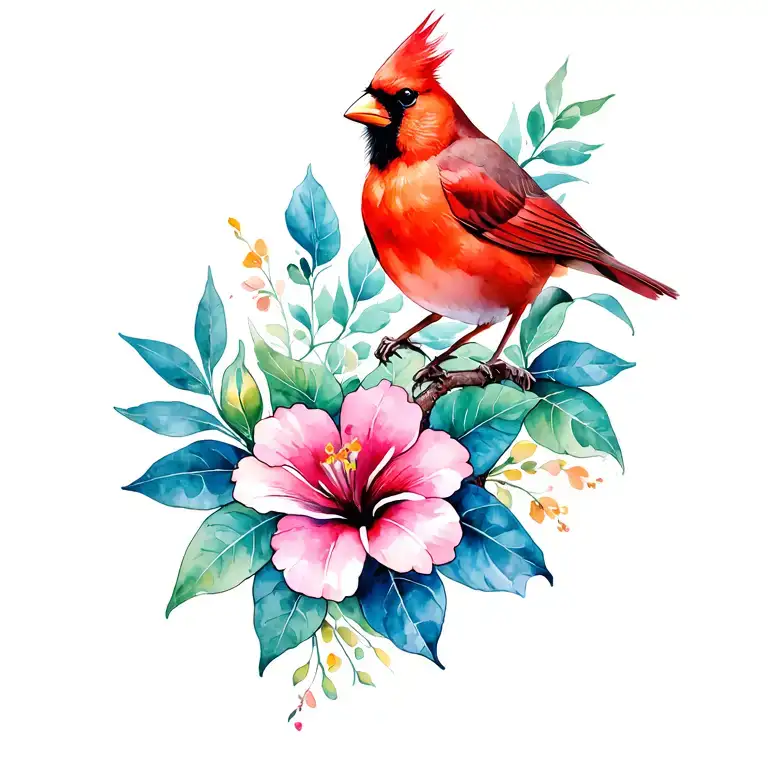 Cardinal And Hawain Flowers Blooming