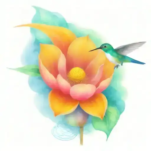 One Protective Hummingbird Above A Lotus Flower With Nest And 3 Small Eggs Inside