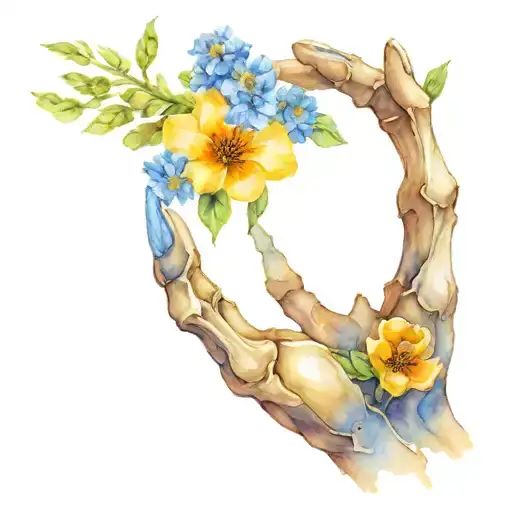 Skeleton Hand Emerging From Dirt Holding Flowers