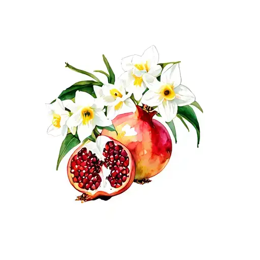 Pomegranates With Narcissus Flowers