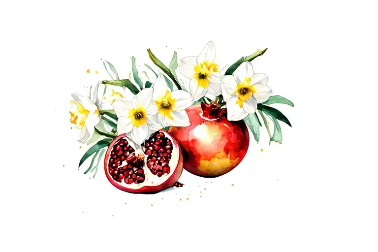 Pomegranates Surrounded By Narcissus Flowers