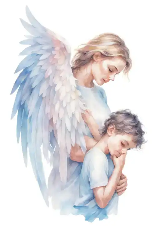 Woman Angel Wings And Litle Boy