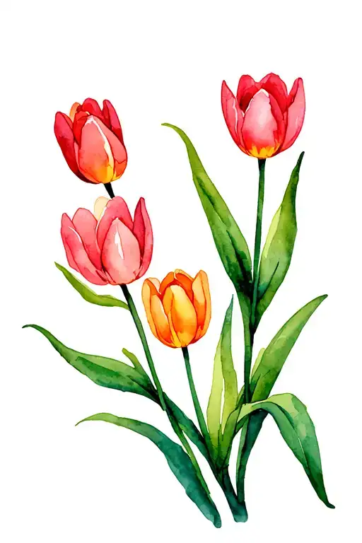 Tulips Facing Towards Wris With Stems And Watercolor Up Top