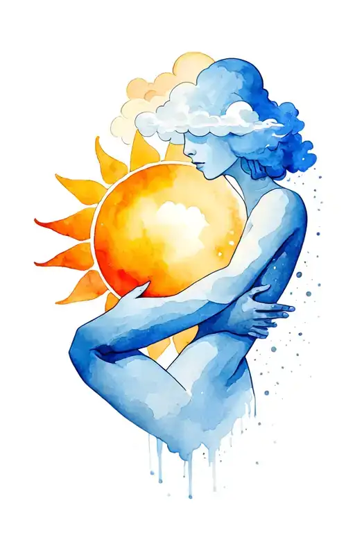 Person Has A Cloud Instead Of A Head No Faces And Person With A Sun As Head Hug Each Orher