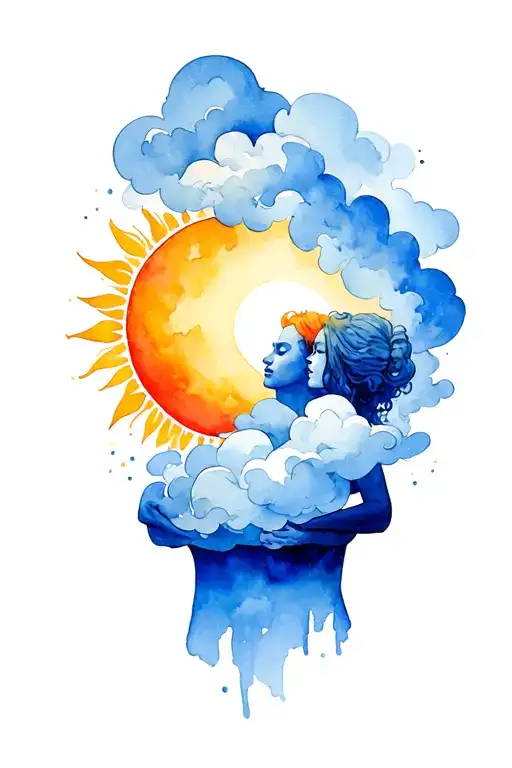 Person Has A Cloud Instead Of A Head No Faces And Person With A Sun As Head Hug Each Orher