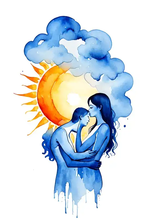 Person Has A Cloud Instead Of A Head No Faces And Person With A Sun As Head Hug Each Orher