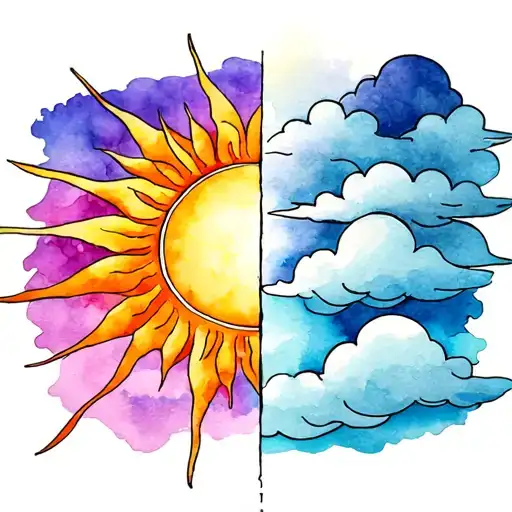 One Half Is A Sun With Rays Only And The Other Half Is Clouds Only