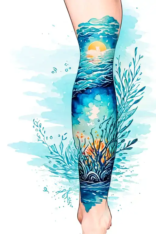Ocean Theme Leg Sleeve Featuring A Collage