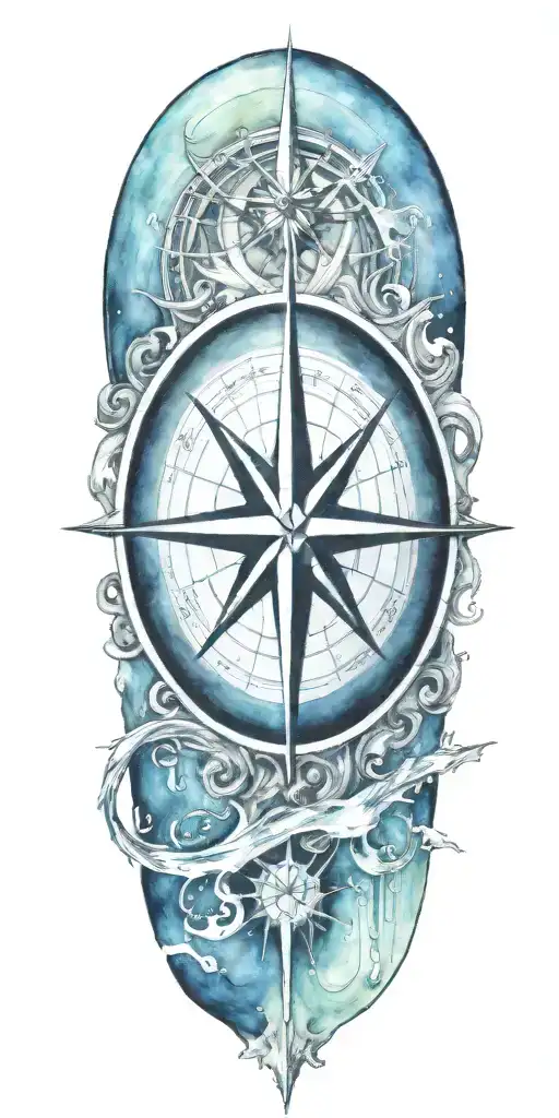 A Detailed Compass Rose Surrounded By Flowing Water And Sun Rays Representing Guidance And Strength
