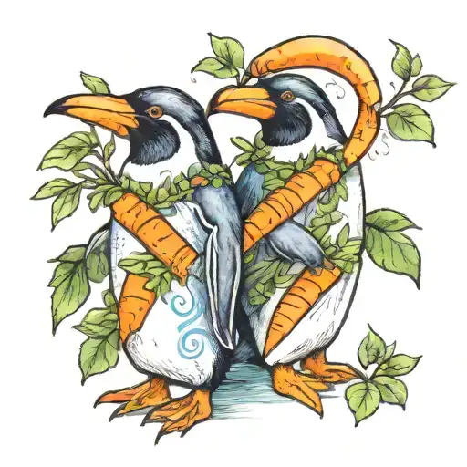 Penguin Giving A Carrot To Another Penguin