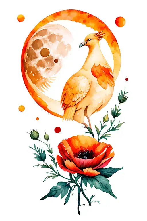 All Moon Phases Around A Phoenix With A Poppy Flower