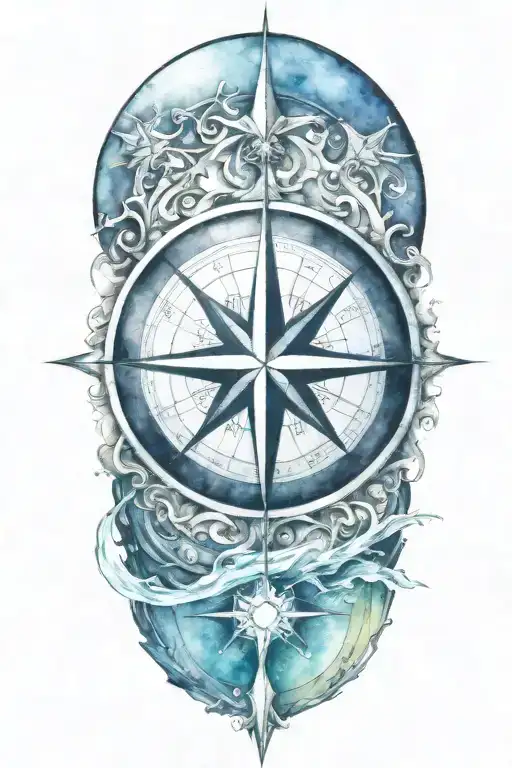 A Detailed Compass Rose Surrounded By Flowing Water And Sun Rays Representing Guidance And Strength