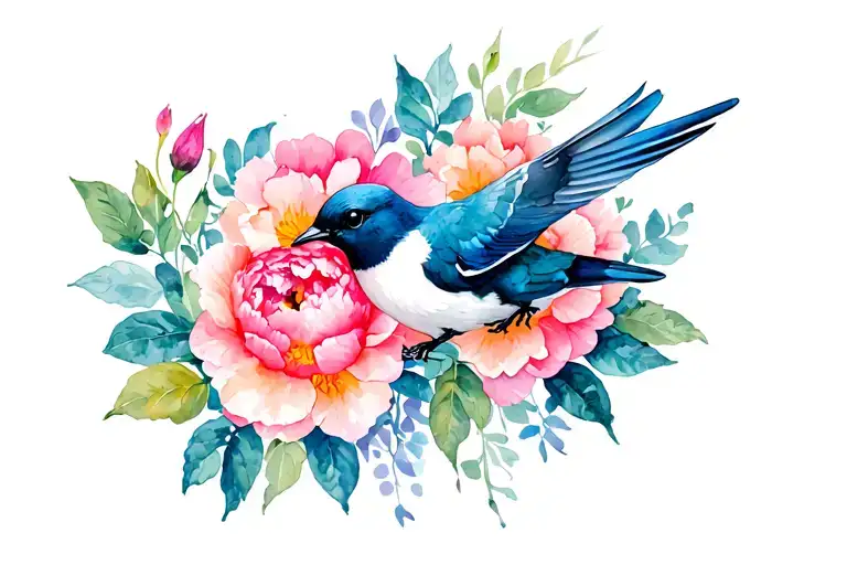 Swallow And Flowers Peonies With Flowers