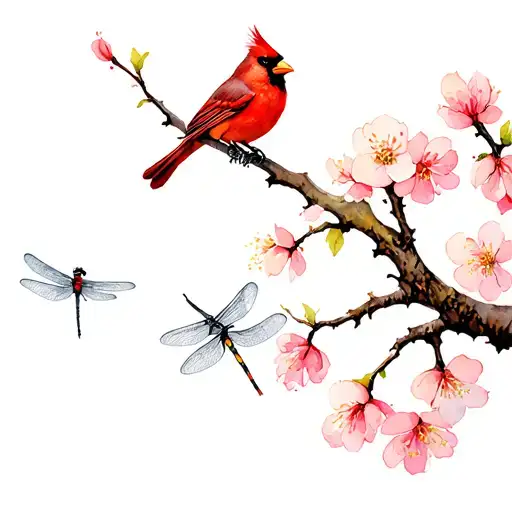 Cherry Blossom Tree With A Cardinal On A Branch And A Dragonfly