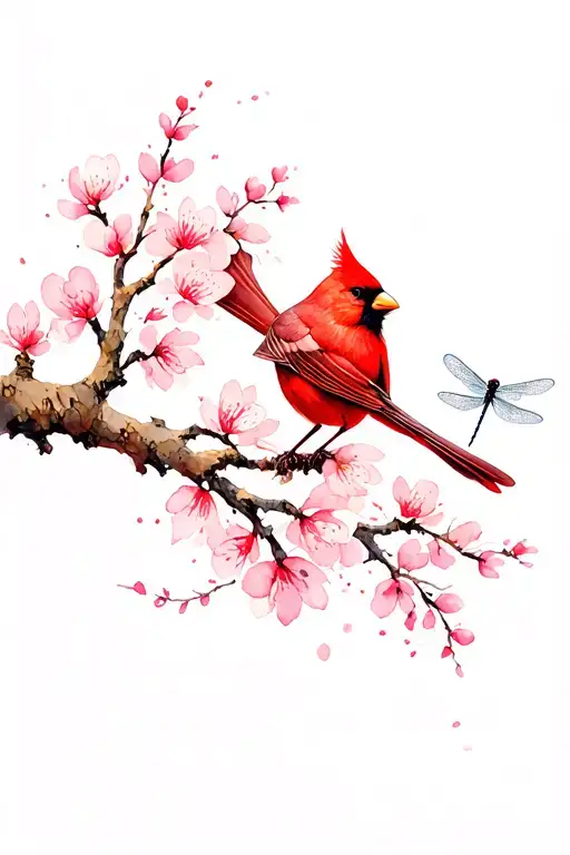Cherry Blossom Tree With A Cardinal On A Branch And A Dragonfly
