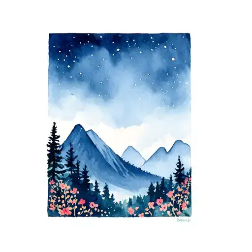 Mountain Scene With Flowers And Trees