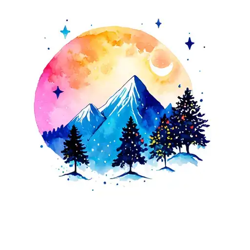 Mountain Scene With Flowers Trees Stars Coloroful Moon