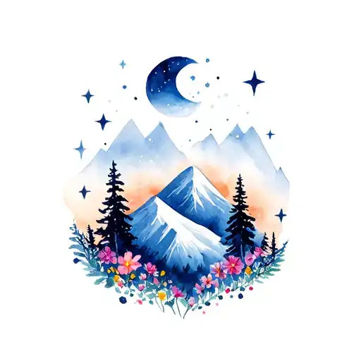 Mountain Scene With Flowers And Trees Stars Colorful Moon